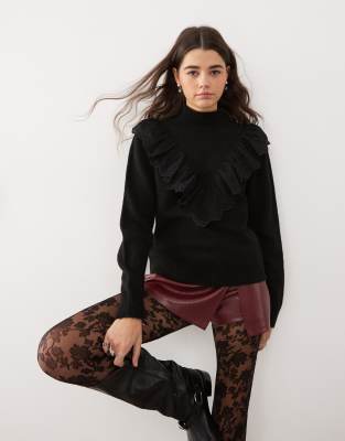 Miss Selfridge Long Sleeve Knit Sweater With Broderie Trim In Black