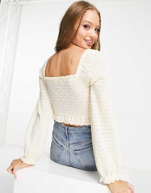 Miss Selfridge long sleeve lace button detail crop top in cream , 4 of 4