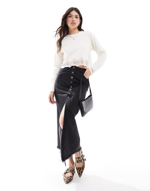 Miss Selfridge long sleeve lace hem detail top in cream, 2 of 4