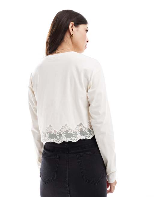 Miss Selfridge long sleeve lace hem detail top in cream, 3 of 4