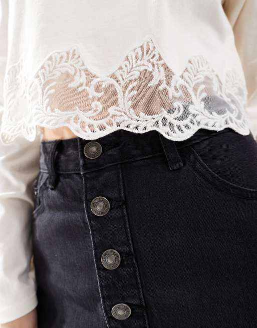 Miss Selfridge long sleeve lace hem detail top in cream, 4 of 4