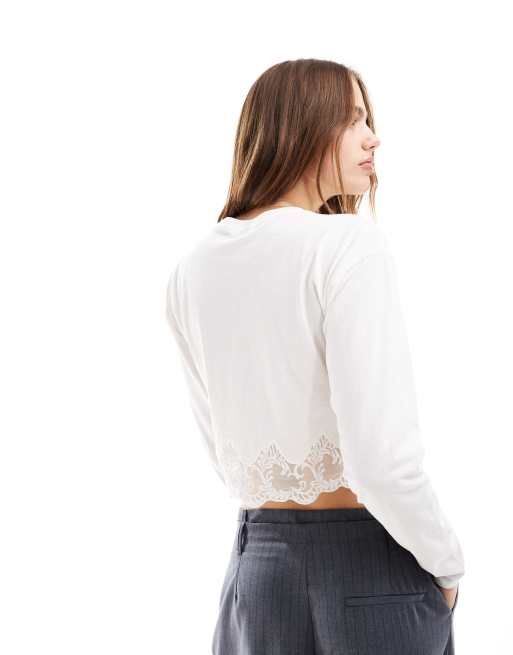 Miss Selfridge long sleeve lace hem detail top in white, 4 of 4