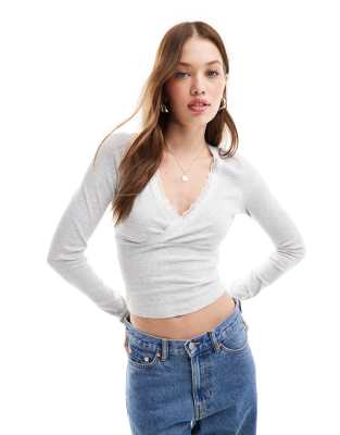 Shop Miss Selfridge long sleeve lace trim half wrap top in grey Online – Trendy & Affordable Fashion