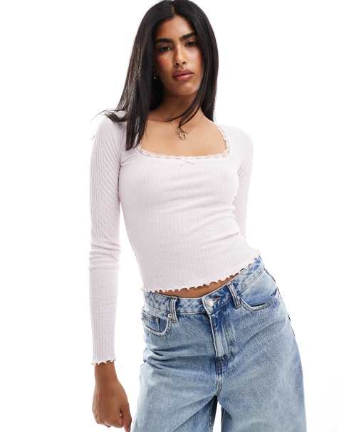Miss Selfridge long sleeve lace trim square neck top in soft pink - view 1