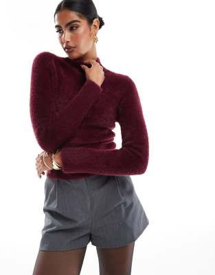 Miss Selfridge Long Sleeve Lash Knit Top In Burgundy-red