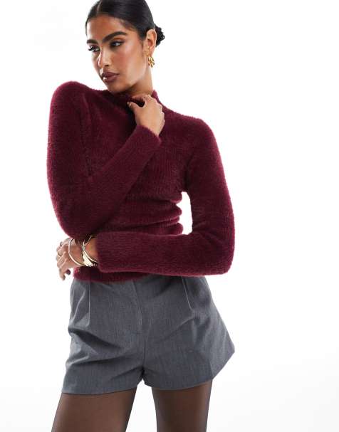 Miss Selfridge long sleeve lash knit top in burgundy - view 1