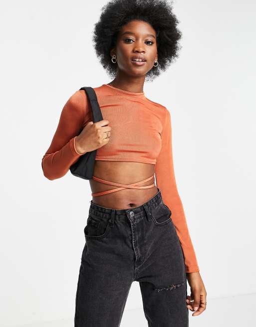 Miss Selfridge long sleeve lattice back detail crop top in brown, 2 of 4