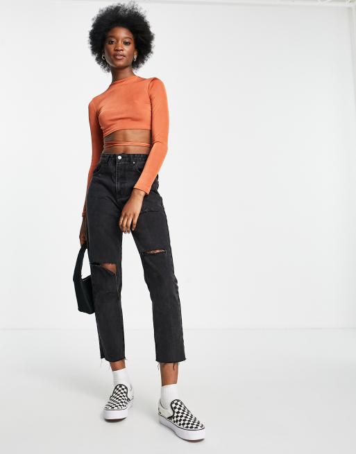 Miss Selfridge long sleeve lattice back detail crop top in brown, 3 of 4