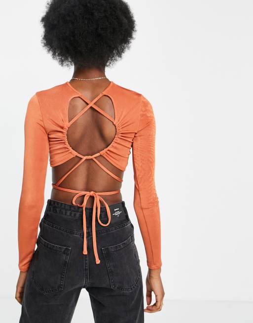 Miss Selfridge long sleeve lattice back detail crop top in brown, 4 of 4