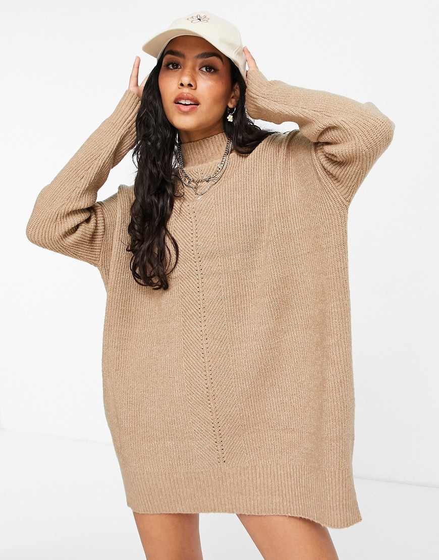 Miss Selfridge long sleeve longer line funnel neck sweater dress in camel-Brown