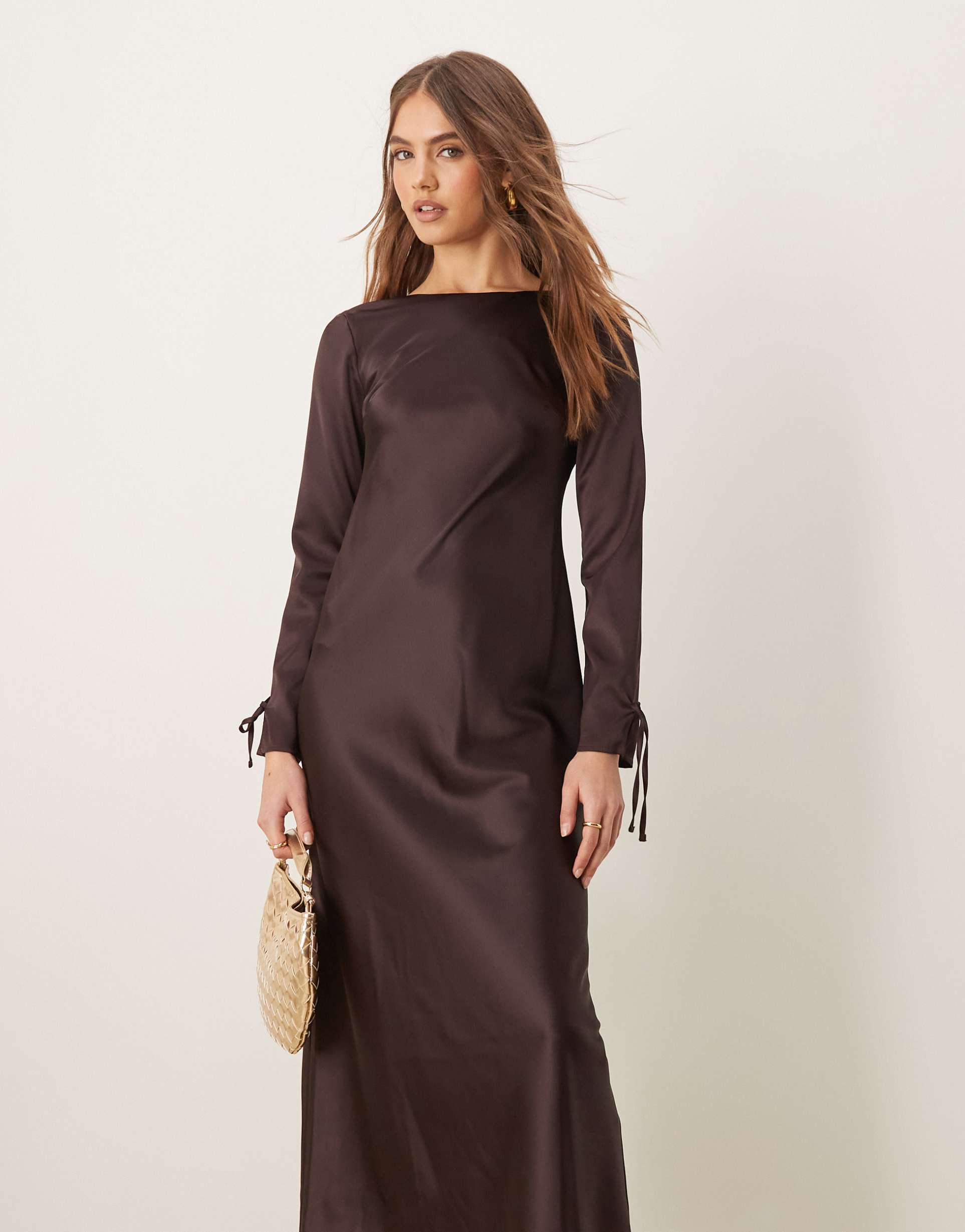 miss selfridge long sleeve maxi dress in brown