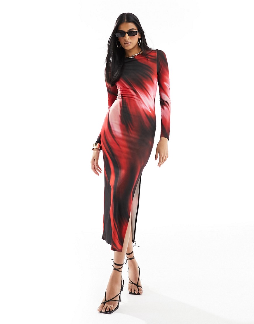 Miss Selfridge long sleeve maxi ombre print dress in red