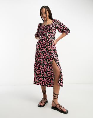 Miss Selfridge Long Sleeve Milkmaid Midi Dress In Red Ditsy Floral-multi