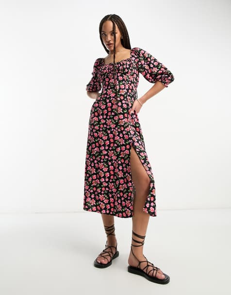 Miss Selfridge long sleeve milkmaid midi dress in red ditsy floral - view 1