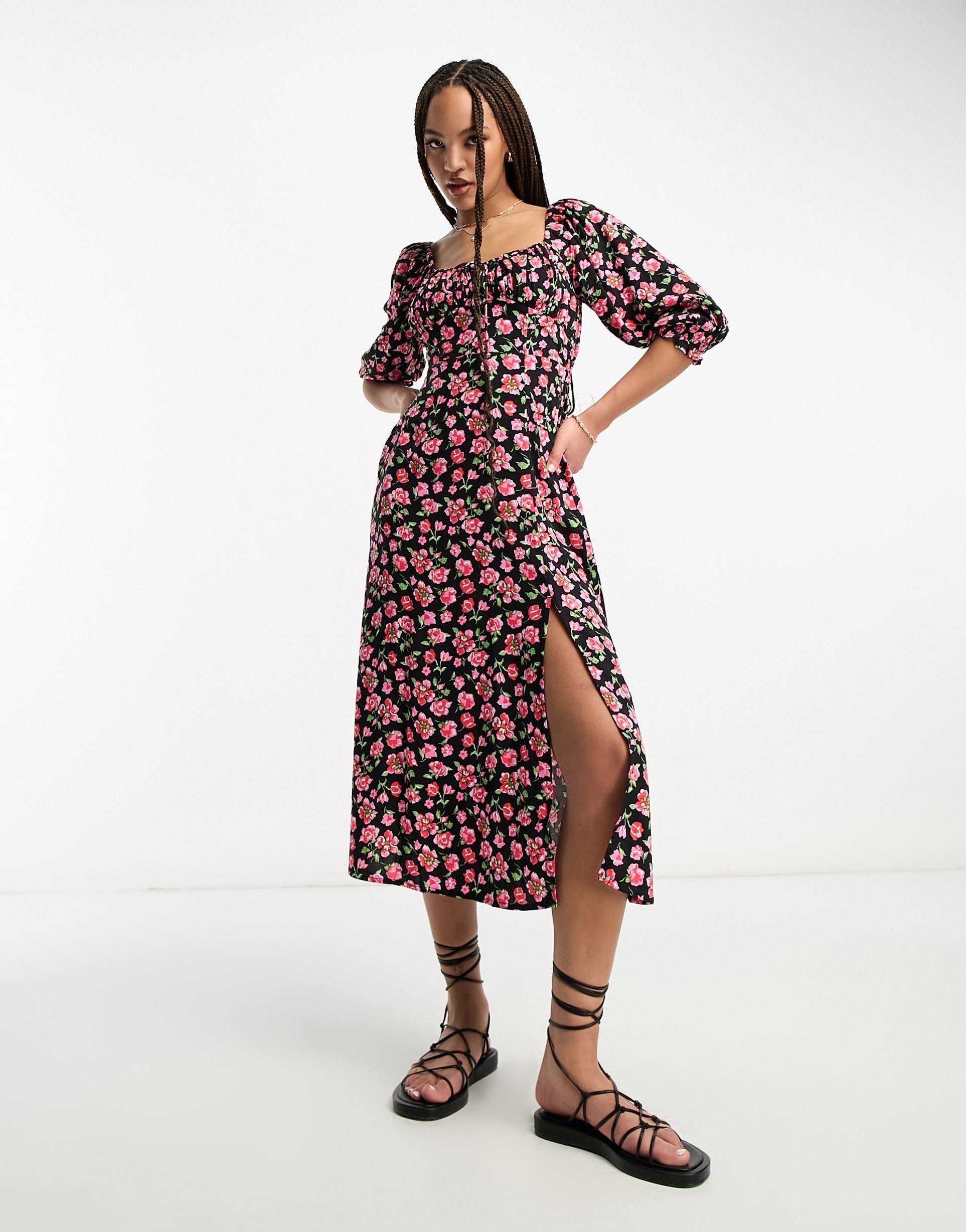 miss selfridge long sleeve milkmaid midi dress in red ditsy floral