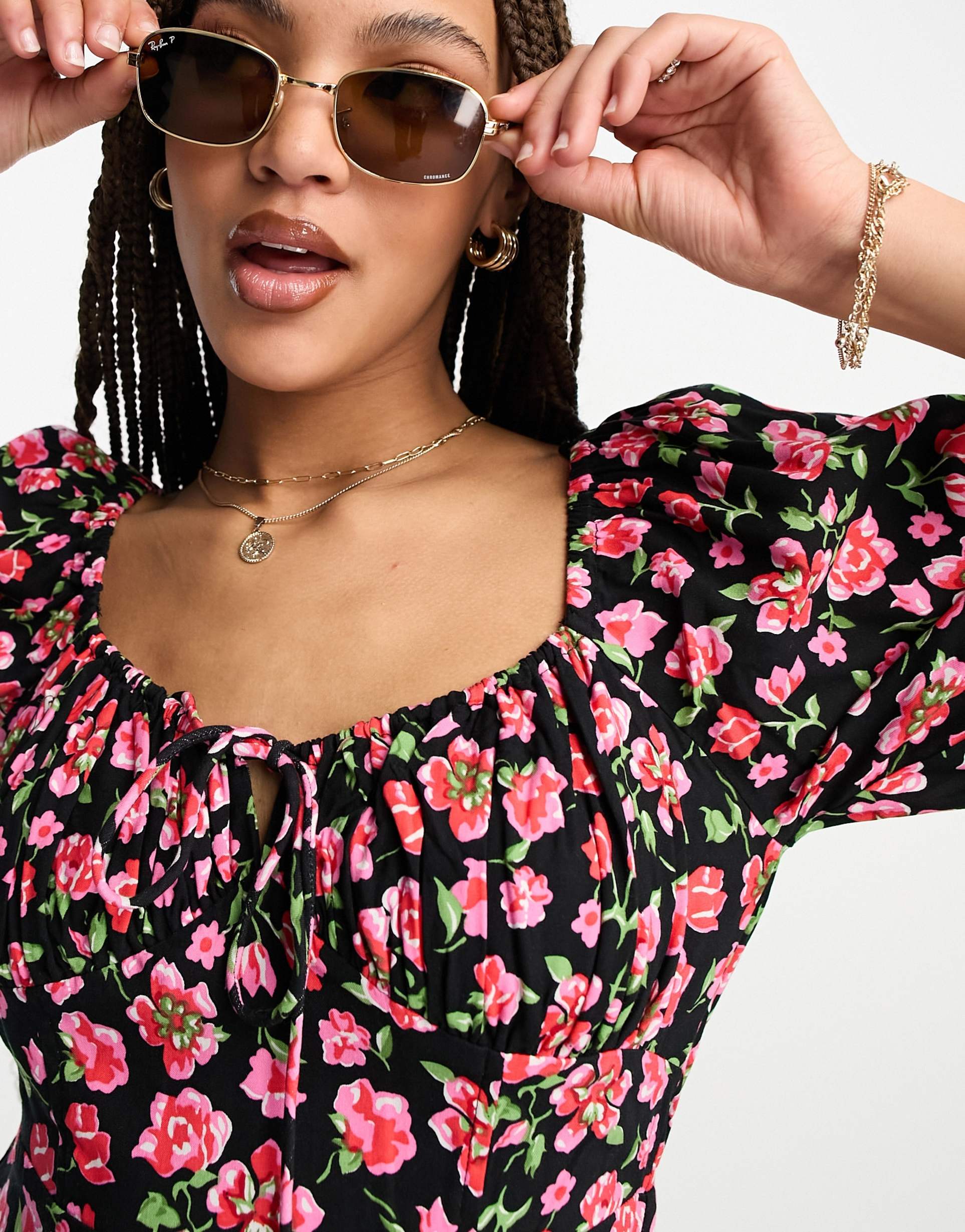 miss selfridge long sleeve milkmaid midi dress in red ditsy floral