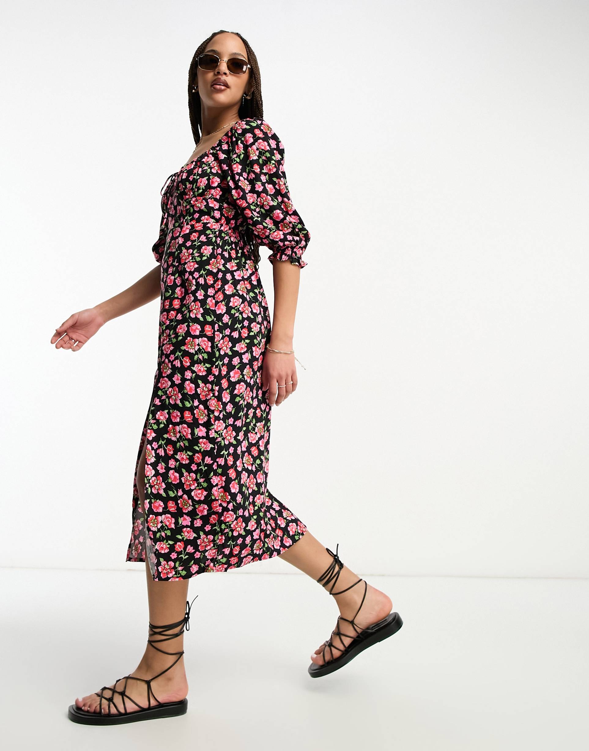 miss selfridge long sleeve milkmaid midi dress in red ditsy floral