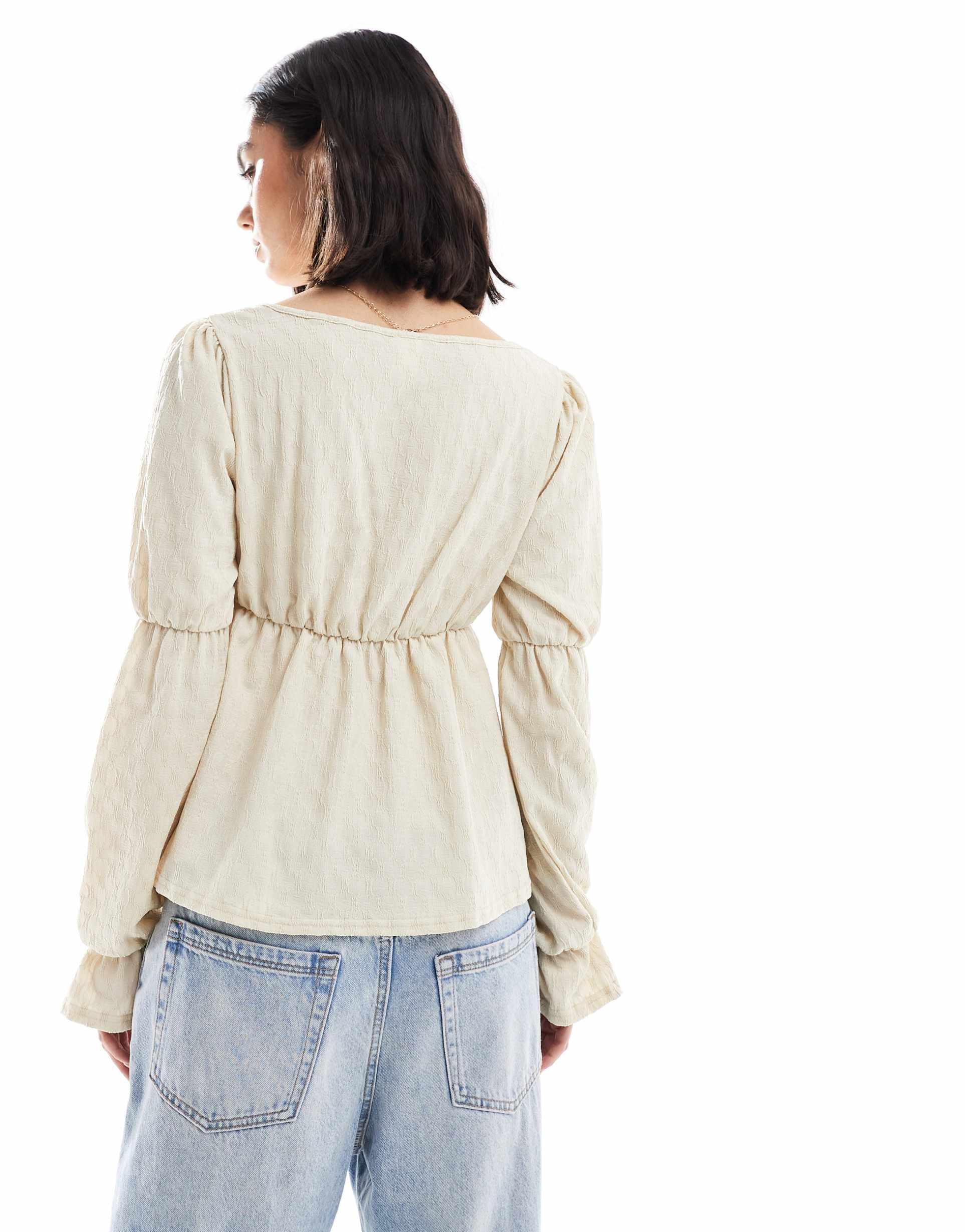 miss selfridge long sleeve milkmaid peplum top in natural