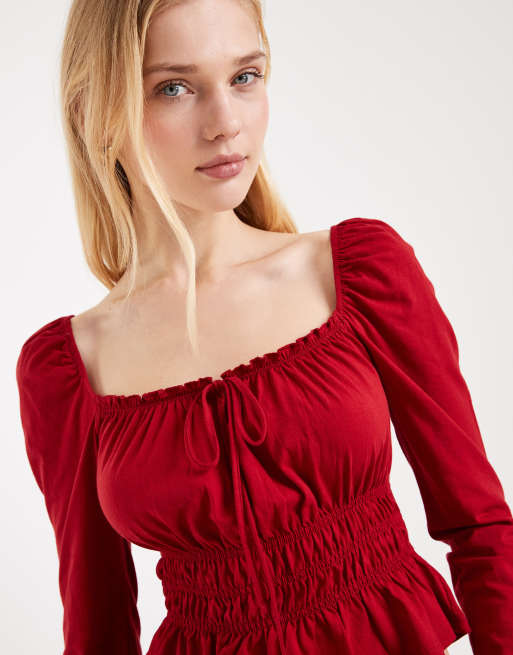 Miss Selfridge long sleeve milkmaid top in cherry, 4 of 4