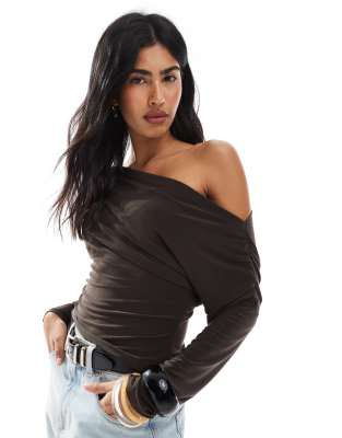 Miss Selfridge long sleeve off shoulder top in chocolate - view 1