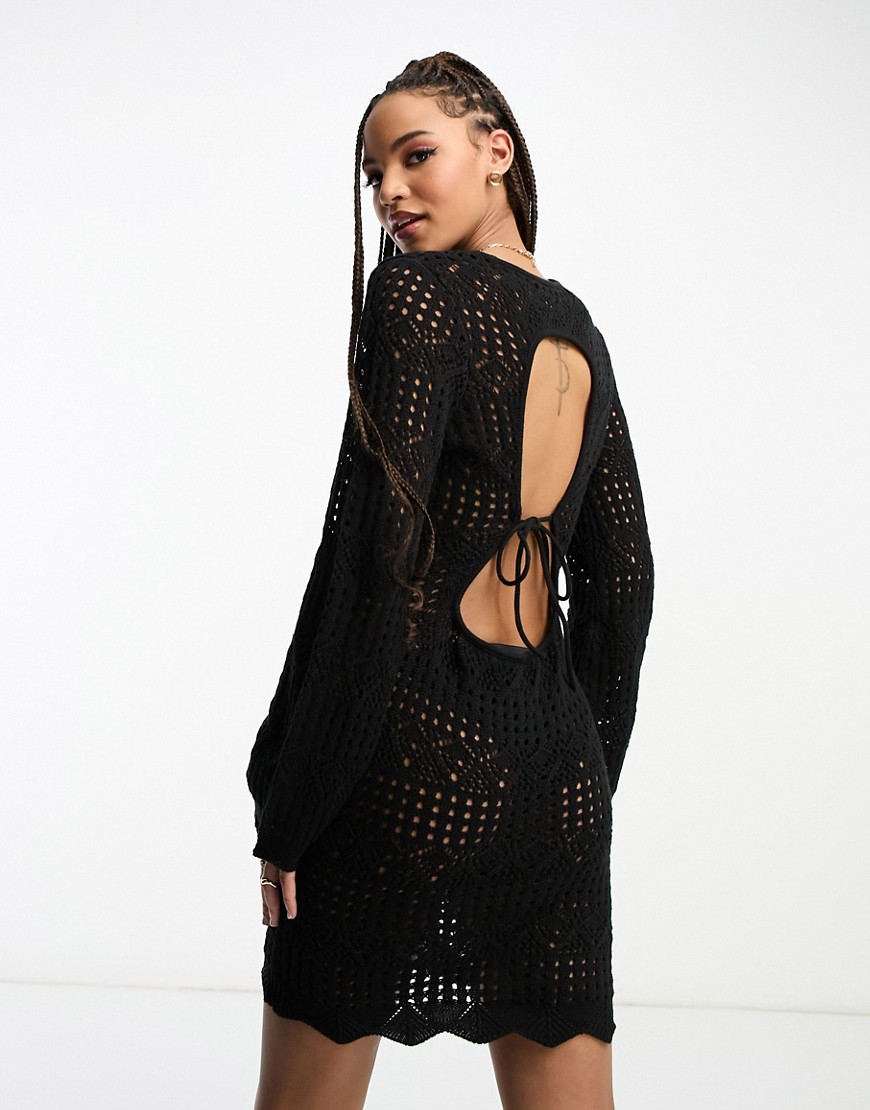 Miss Selfridge long sleeve open back crochet dress in black