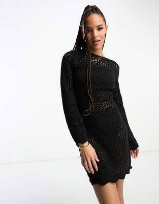 Miss Selfridge long sleeve open back crochet dress in black | ASOS