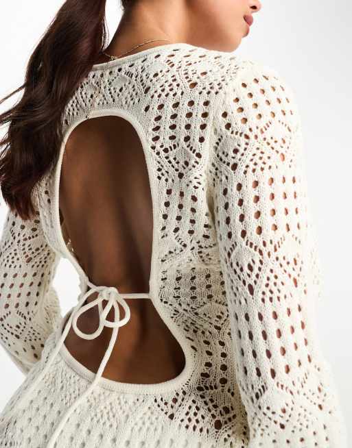 Miss Selfridge long sleeve open back crochet dress in cream