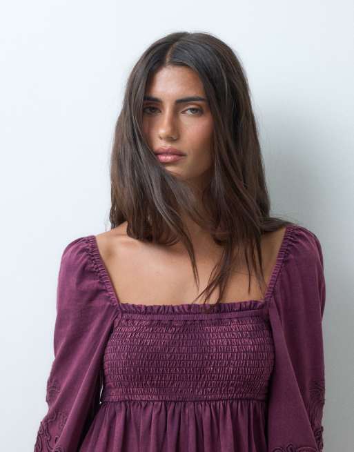 Miss Selfridge long sleeve playsuit with embroidery in fig, 3 of 4