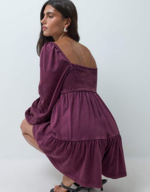 Miss Selfridge long sleeve playsuit with embroidery in fig, 4 of 4