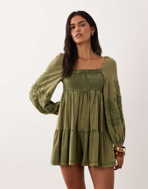 Miss Selfridge long sleeve playsuit with embroidery in olive, 2 of 4