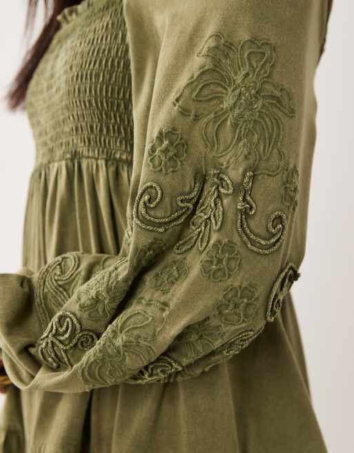 Miss Selfridge long sleeve playsuit with embroidery in olive, 3 of 4