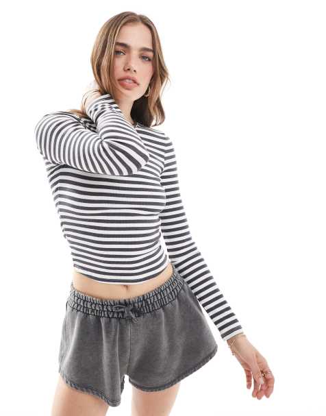 Miss Selfridge long sleeve rib crew neck top in charcoal and white stripe - view 1
