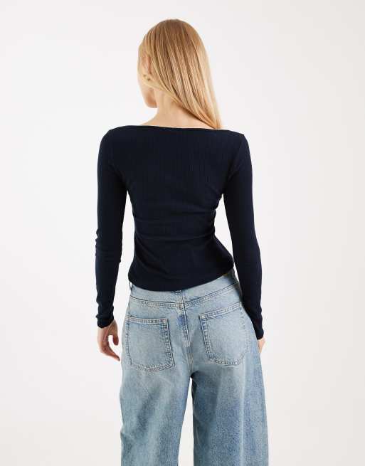 Miss Selfridge long sleeve rib top with lace detail in navy, 3 of 4