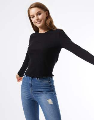 Miss Selfridge long sleeve ribbed crew neck jersey top in black