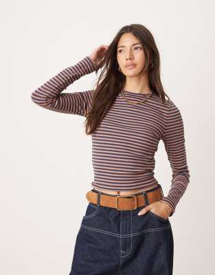 long sleeve ribbed crew neck top in navy and brown stripe-Multi