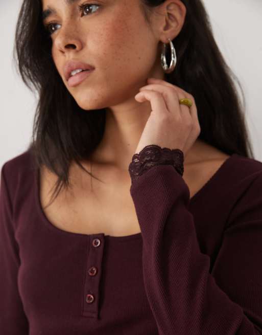 Miss Selfridge  long sleeve ribbed henley top in burgundy red, 2 of 4