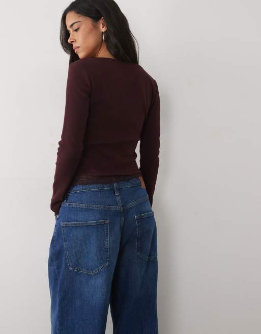 Miss Selfridge  long sleeve ribbed henley top in burgundy red, 3 of 4