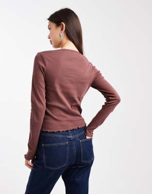 Miss Selfridge Long Sleeve Ribbed Top In Brown