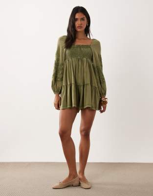 Miss Selfridge Long Sleeve Romper With Embroidery In Green