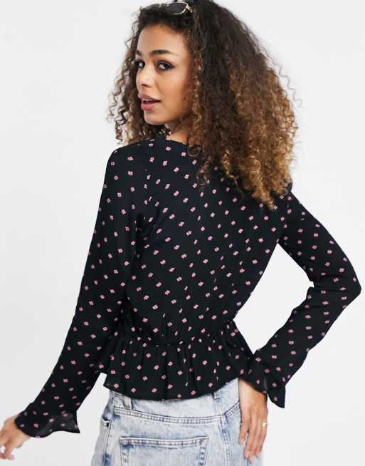 Miss Selfridge long sleeve ruched blouse in pink ditsy, 2 of 4