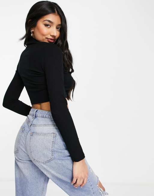 Miss Selfridge long sleeve ruched front choker detail top in black