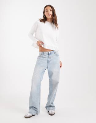 Miss Selfridge Long Sleeve Ruffle Hem Tshirt In White