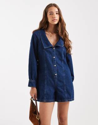 Miss Selfridge Miss Selfridge long sleeve sailor playsuit in mid wash-Blue