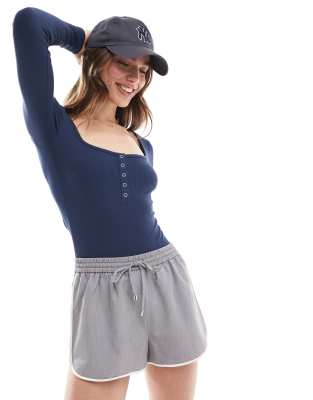 Miss Selfridge Long Sleeve Scoop Neck Henley Bodysuit With Snaps In Navy