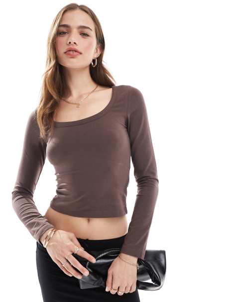 Miss Selfridge long sleeve scoop neck top in chocolate - view 1