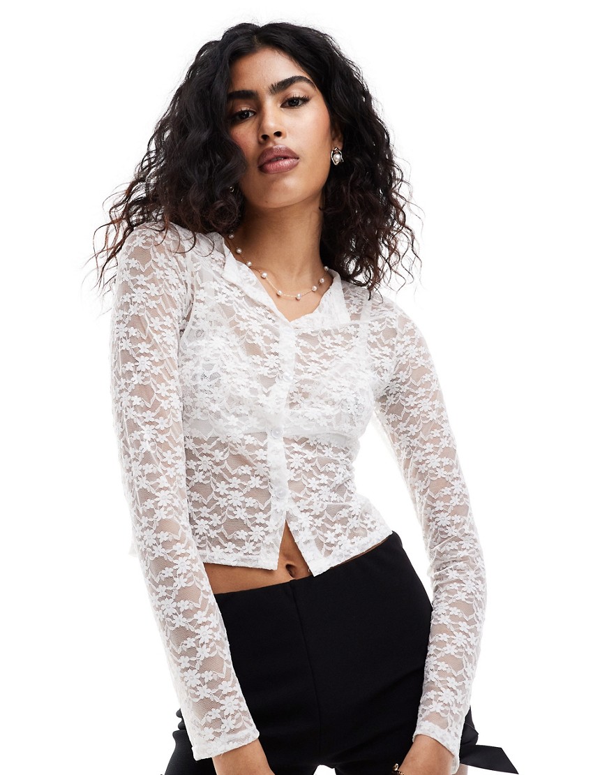 Miss Selfridge long sleeve sheer lace button through cardi in ivory-White