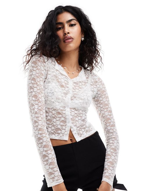 Miss Selfridge long sleeve sheer lace button up cardi in ivory