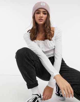 Miss Selfridge long sleeve shirred crop top in white