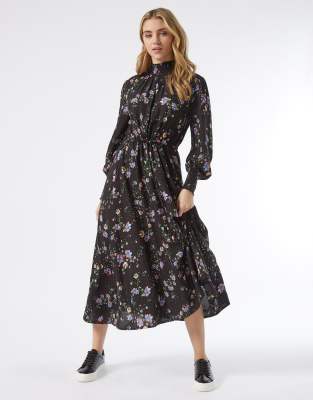 Miss Selfridge long sleeve shirred neck midi dress in black