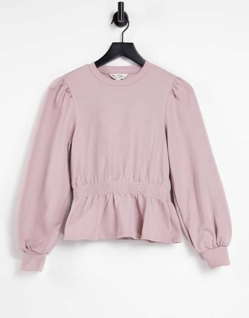 Miss Selfridge Long Sleeve Shirred Peplum Sweatshirt in mink